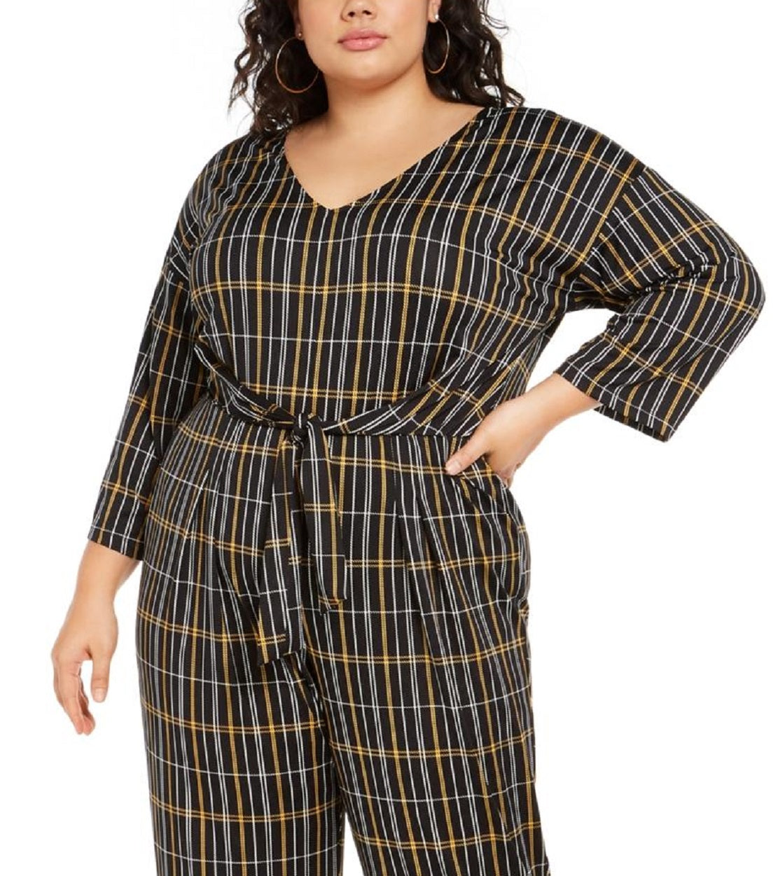 Macacão feminino plus size NY Collection com amarração frontal e decote em V, preto, tamanho 1X