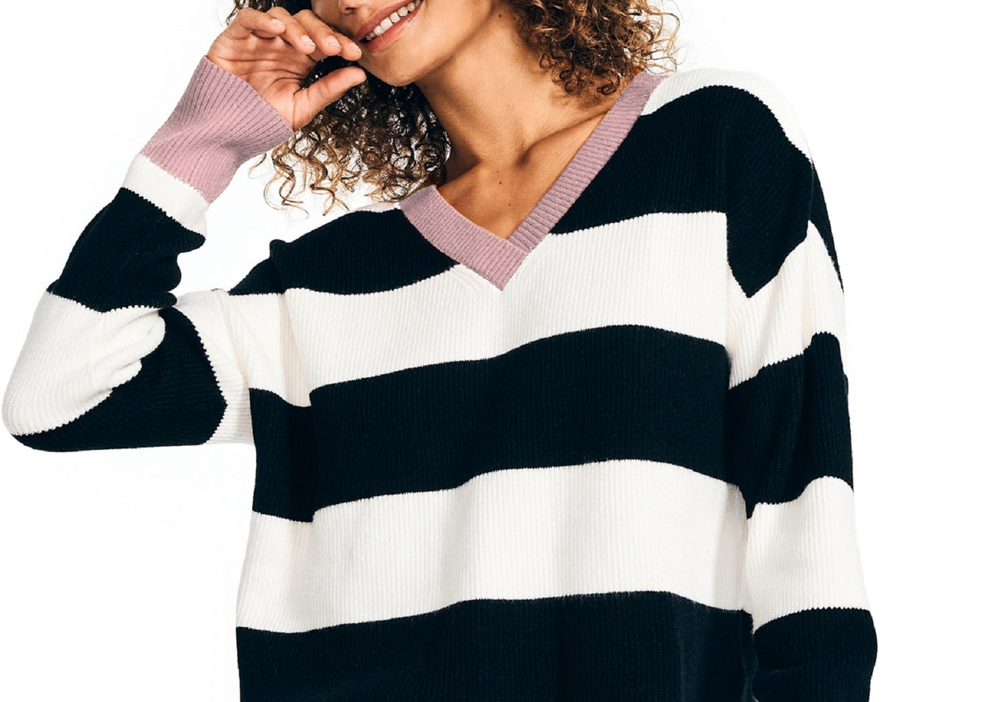 Suéter listrado feminino Nautica com decote em V, preto, tamanho pequeno
