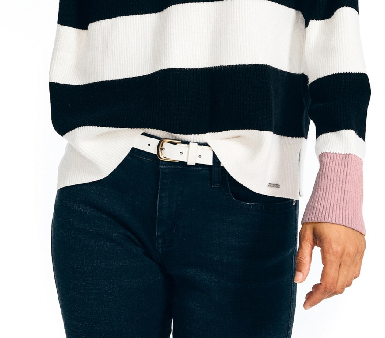 Suéter listrado feminino Nautica com decote em V, preto, tamanho pequeno