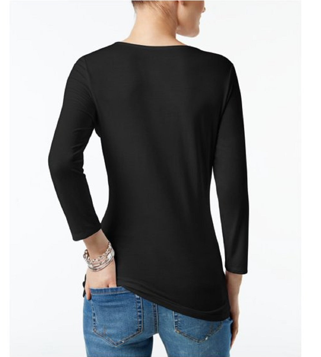 Blusa feminina com frente cruzada e mangas 3/4 da INC International Concepts, preta, tamanho X-S