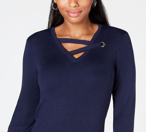 Top feminino com decote em V e acabamento em ilhós JM Collection, azul, tamanho médio