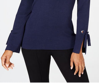 Top feminino com decote em V e acabamento em ilhós JM Collection, azul, tamanho médio