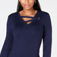 Top feminino com decote em V e acabamento em ilhós JM Collection, azul, tamanho grande
