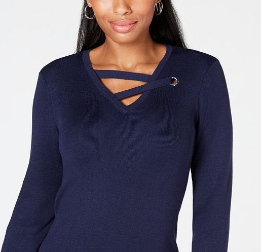 Top feminino com decote em V e acabamento em ilhós JM Collection, azul, tamanho grande