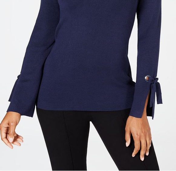 Top feminino com decote em V e acabamento em ilhós JM Collection, azul, tamanho grande