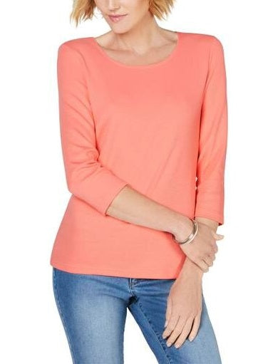 Karen Scott Blusa feminina com decote redondo e mangas três quartos, laranja, tamanho XX-G