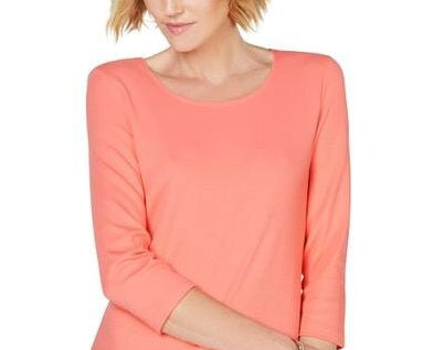 Karen Scott Blusa feminina com decote redondo e mangas três quartos, laranja, tamanho XX-G