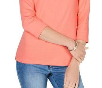 Karen Scott Blusa feminina com decote redondo e mangas três quartos, laranja, tamanho XX-G