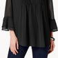 Charter Club Blusa Feminina com Babados Duplos e Estampa Pintuck, Preta, Tamanho Pequeno