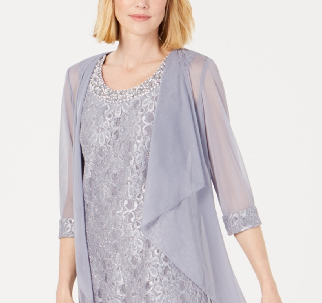 Vestido e jaqueta R &amp; M Richards feminino com bainha de renda, cinza, tamanho 12