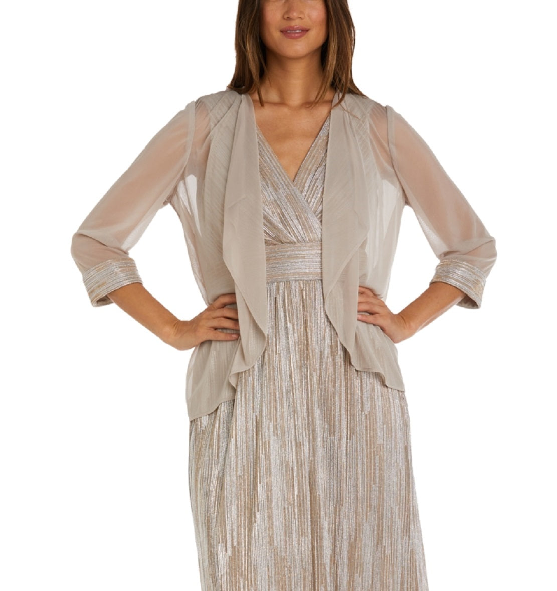 Jaqueta e vestido metálicos femininos R &amp; M Richards, 2 peças, marrom, tamanho 14, pequeno