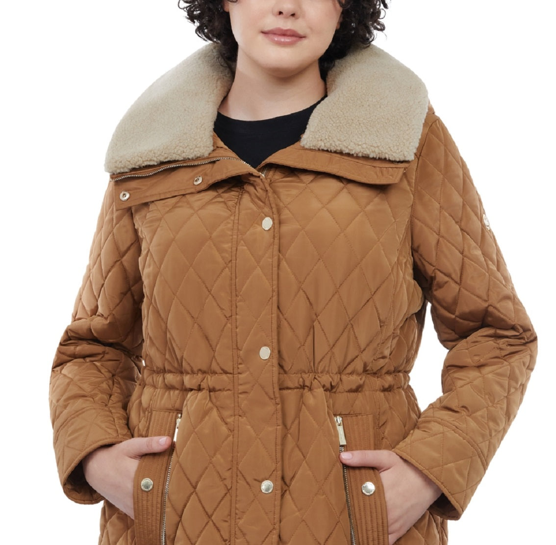 Casaco acolchoado com capuz e gola de pele sintética Michael Kors feminino, marrom, tamanho 1X