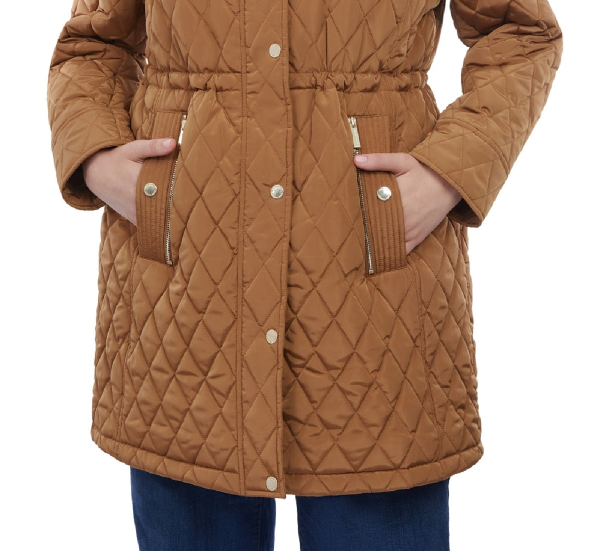 Casaco acolchoado com capuz e gola de pele sintética Michael Kors feminino, marrom, tamanho 1X