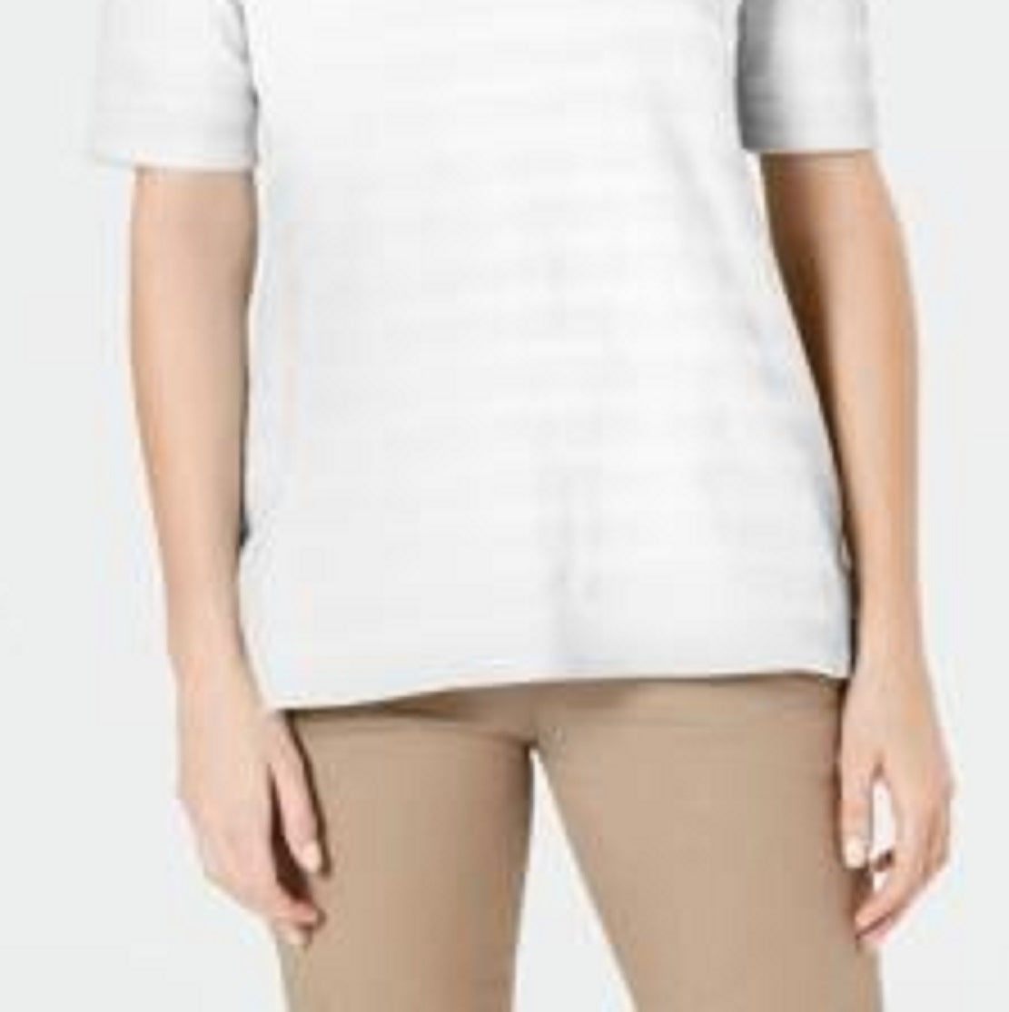 Charter Club Top feminino listrado com textura de algodão e manga cotovelo, branco, tamanho médio