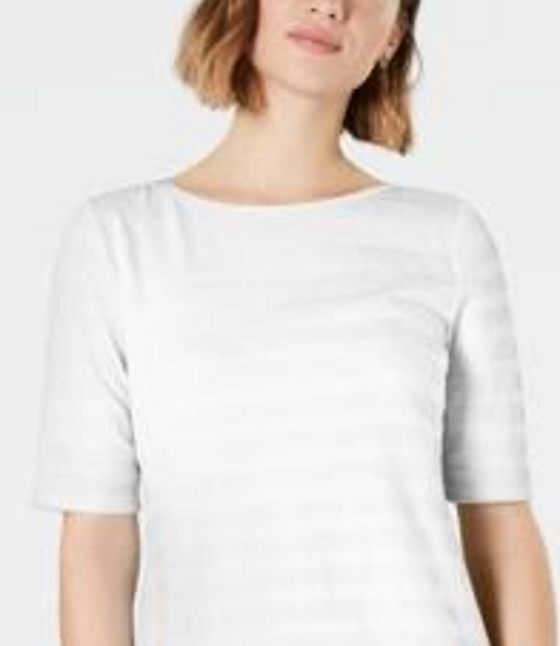 Charter Club Top feminino listrado com textura de algodão e manga cotovelo, branco, tamanho médio