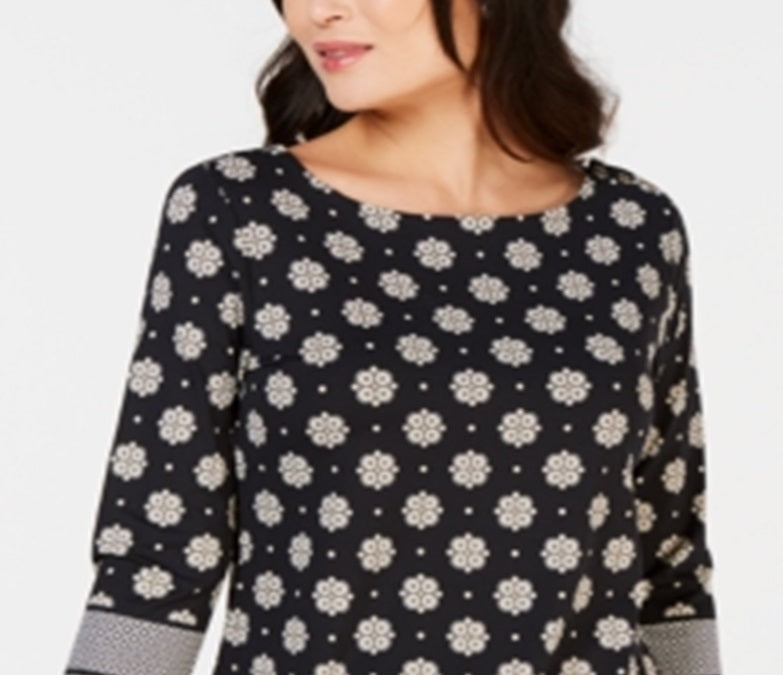 Top feminino com estampa de gola canoa Charter Club, preto, tamanho médio