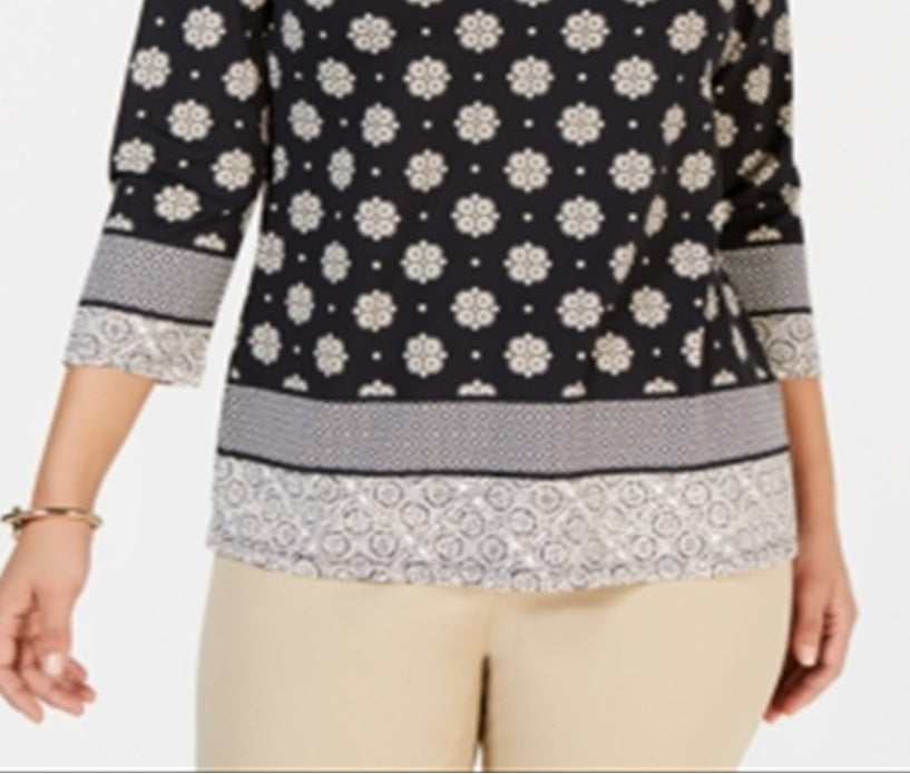 Top feminino com estampa de gola canoa Charter Club, preto, tamanho médio