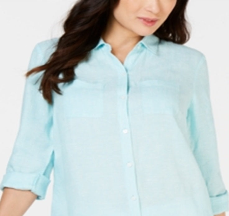 Camisa de linho feminina Charter Club azul tamanho pequeno