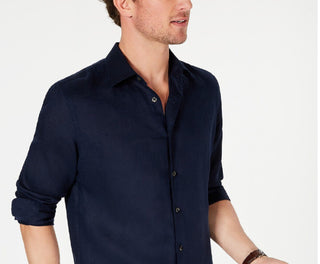 Camisa de linho masculina manga comprida Tasso Elba azul tamanho X-G