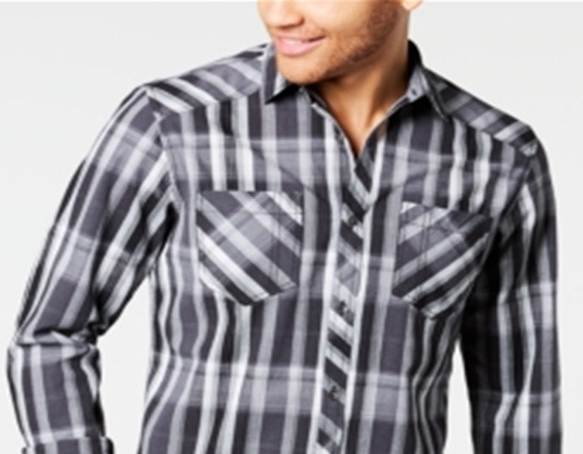 Camisa xadrez masculina de algodão Aaron da INC International Concepts com botões - preta, tamanho X-S