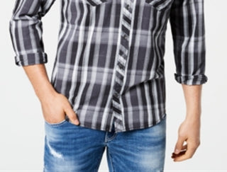 Camisa xadrez masculina de algodão Aaron da INC International Concepts com botões - preta, tamanho X-S