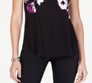 Camiseta feminina Alfani estampada com bainha redonda, preta, tamanho pequeno P