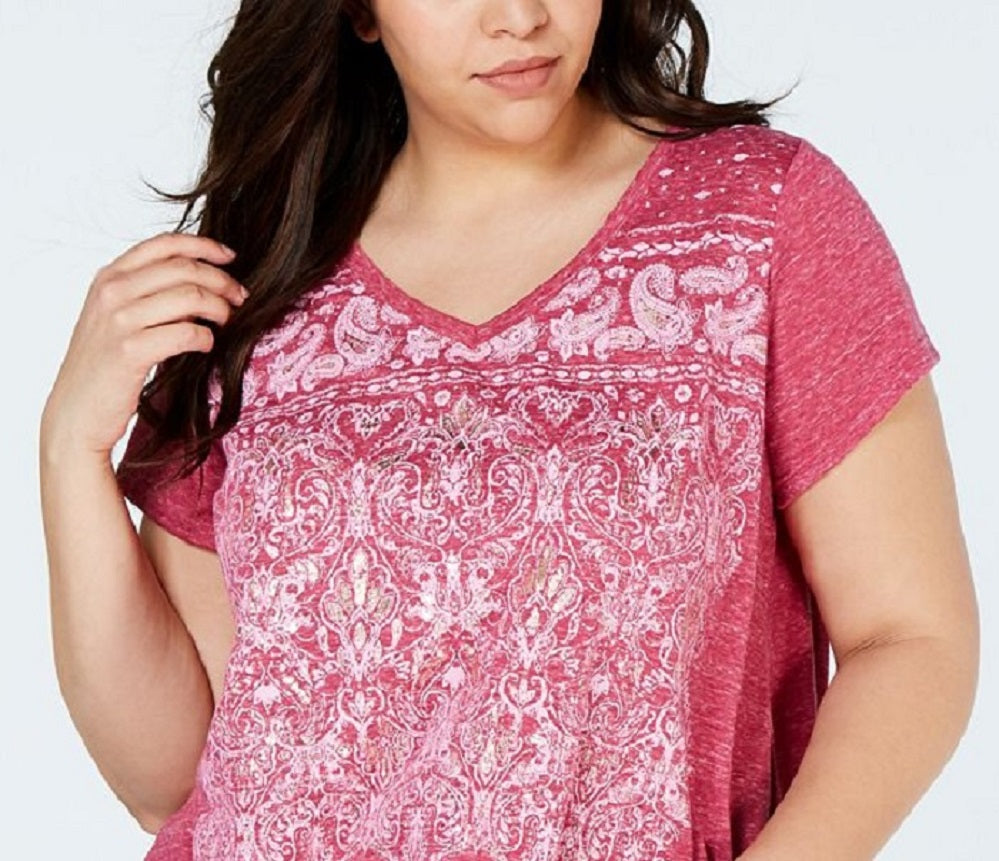 Camiseta feminina estampada plus size manga curta estilo &amp; co rosa tamanho 0X