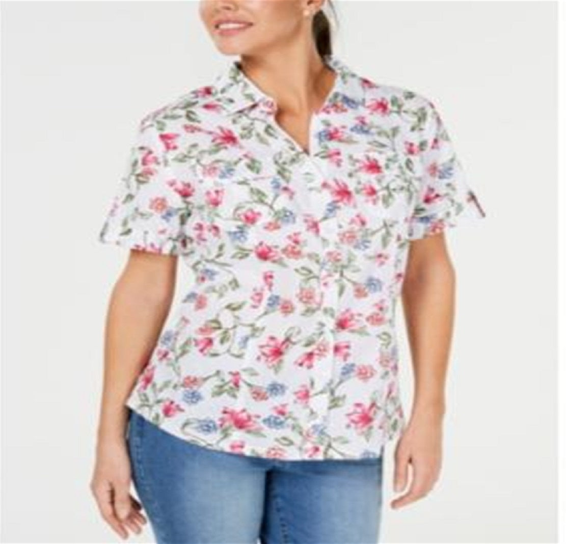 Camisa de algodão texturizada Iris Bliss feminina Karen Scott, branca, tamanho pequeno, extragrande