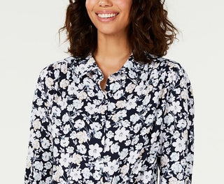 Blusa feminina floral com manga 3/4, azul, tamanho médio
