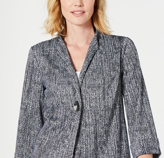 Jaqueta texturizada feminina JM Collection com um botão, azul, tamanho grande