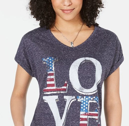 Camiseta feminina estilo &amp; co com estampa mesclada, manga curta, gola V, azul, tamanho pequeno