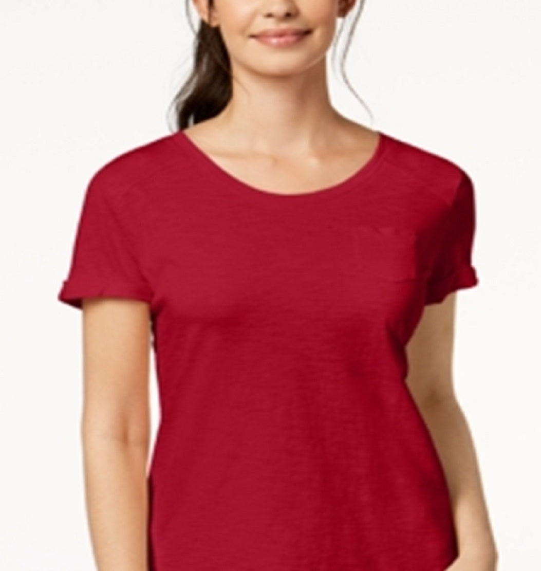 Camiseta feminina com decote em V e bolso, tamanho pequeno, vermelha, estilo &amp; co