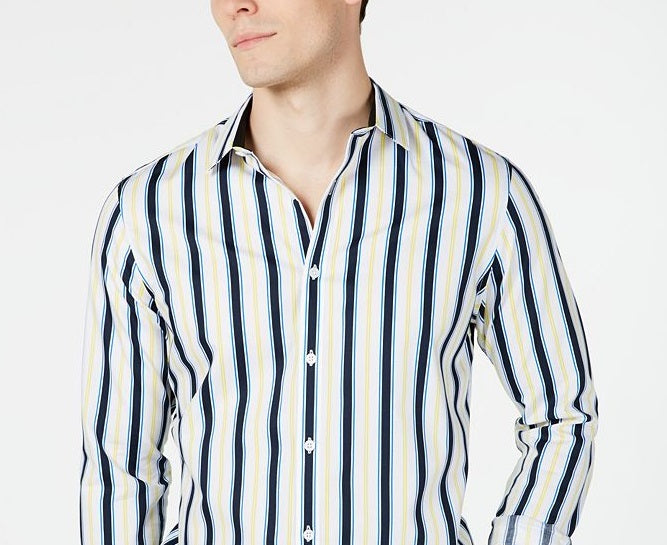 Camisa listrada masculina com botões e gola da INC International Concepts, tamanho X-G, branca