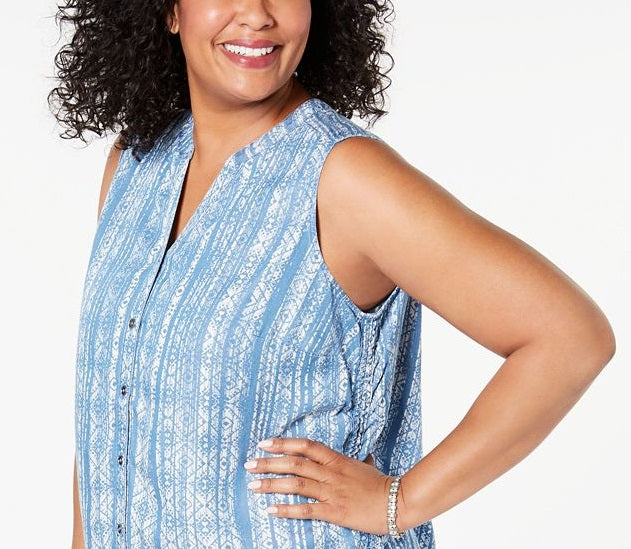 Regata feminina estilo &amp; co plus size estampada com decote dividido, azul, tamanho 0X