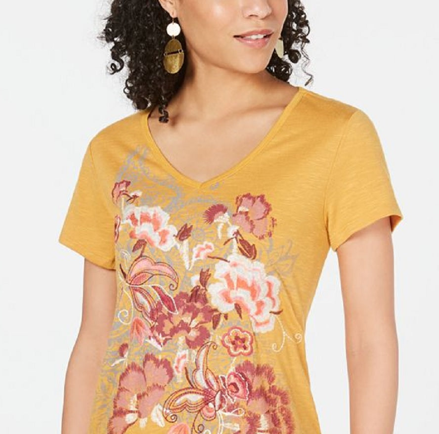Blusa feminina com decote em V e estampa floral estilo &amp; co, amarela, tamanho médio