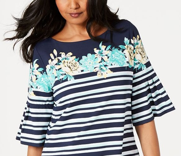 Charter Club Blusa feminina estampada com manga sino e gola joia, azul, tamanho pequeno