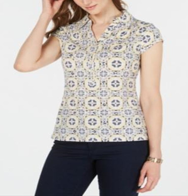 Camisa polo feminina estampada Charter Club, amarela, tamanho pequeno