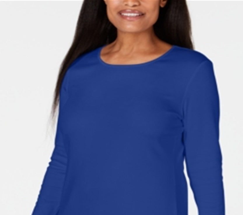 Blusa feminina Karen Scott com decote redondo e acabamento em cetim, azul, tamanho pequeno