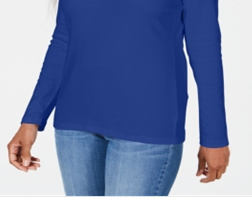 Blusa feminina Karen Scott com decote redondo e acabamento em cetim, azul, tamanho pequeno