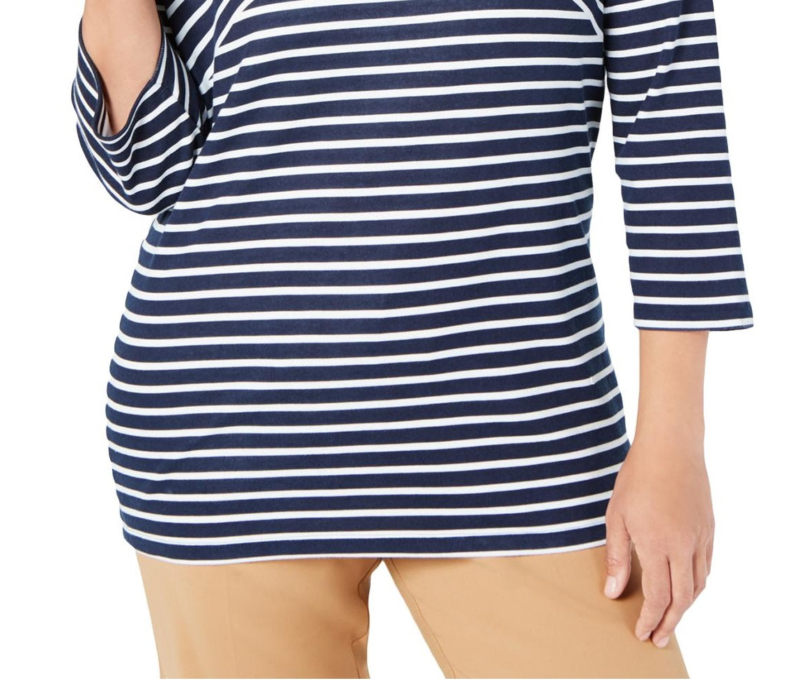 Karen Scott Blusa casual listrada plus size feminina, azul marinho, tamanho 0X