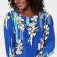 Blusa feminina estampada com manga 3/4 em jacquard, azul, tamanho médio, coleção JM