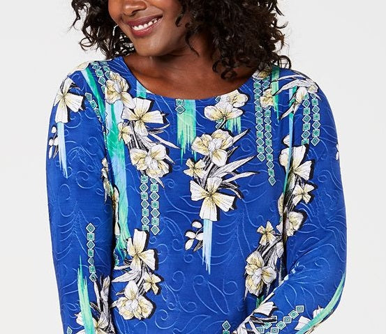 Blusa feminina estampada com manga 3/4 em jacquard, azul, tamanho médio, coleção JM