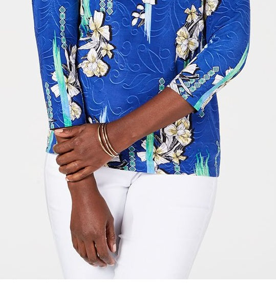 Blusa feminina estampada com manga 3/4 em jacquard, azul, tamanho médio, coleção JM