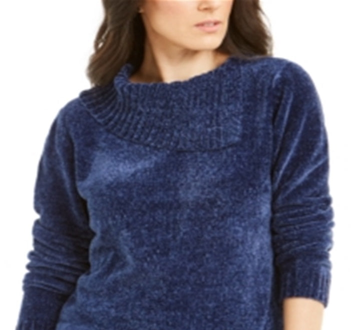 Karen Scott Suéter Feminino Gola Envelope Chenille Azul Tamanho Pequeno G