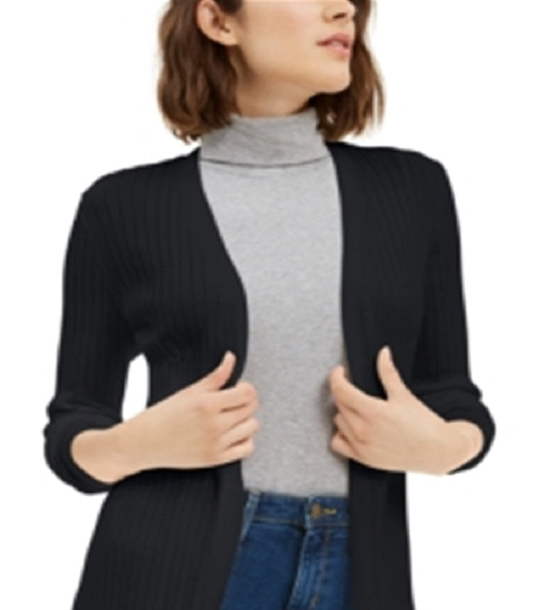 Cardigan feminino canelado aberto Maison Jules, preto, tamanho grande