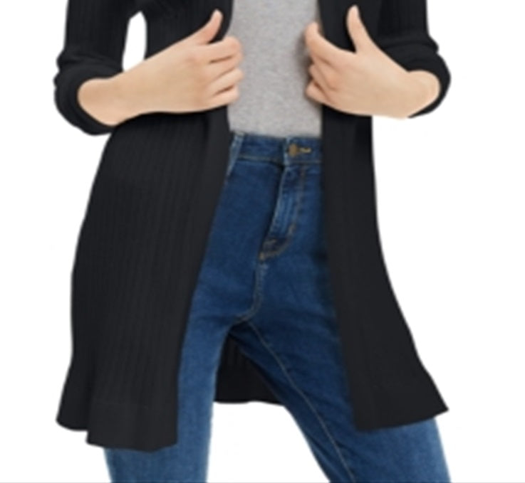 Cardigan feminino canelado aberto Maison Jules, preto, tamanho grande