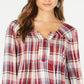 Blusa xadrez feminina estilo &amp; co com decote aberto, vermelha, tamanho pequeno