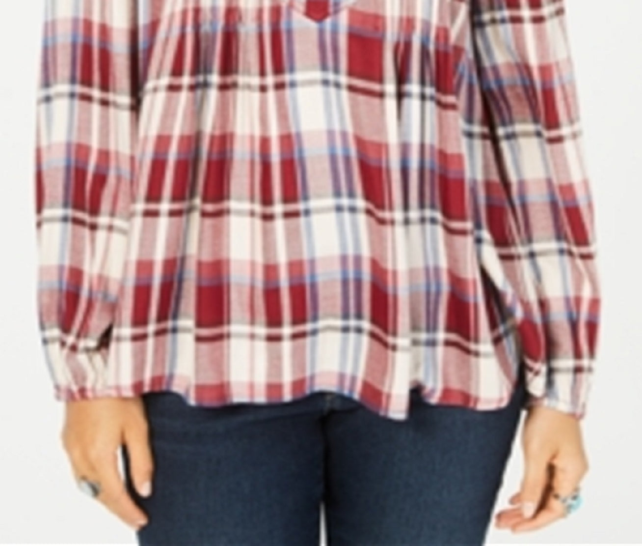 Blusa xadrez feminina estilo &amp; co com decote aberto, vermelha, tamanho pequeno