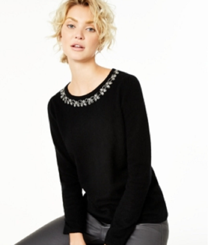 Suéter feminino de cashmere com gola embelezada, preto, tamanho grande, Charter Club