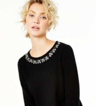 Charter Club Women's Cashmere Embellished Neck Sweater Black Size Large